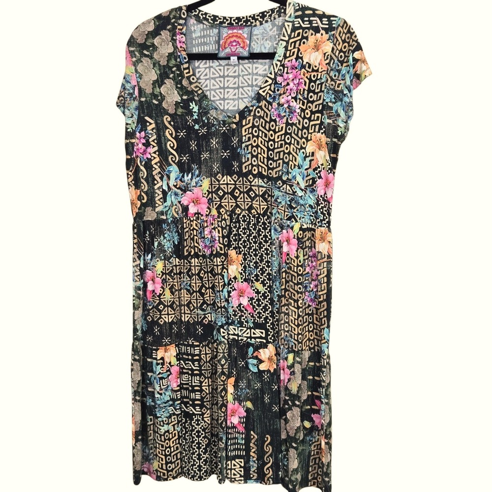 Johnny Was Dress Sz M Weller Tiered Hem Floral Patchwork Bamboo V-Neck T31222-4